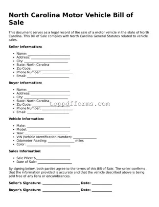 Motor Vehicle Bill of Sale Document for North Carolina State