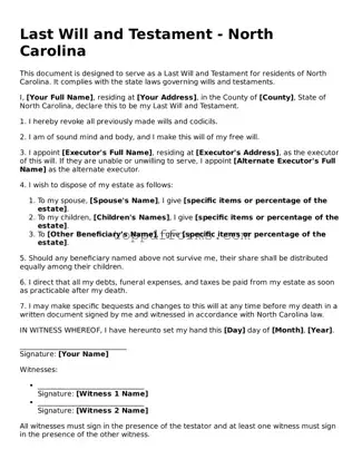 Last Will and Testament Document for North Carolina State