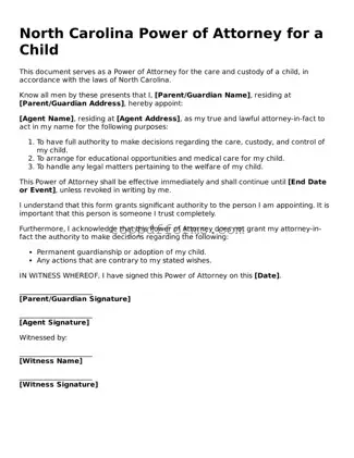 Power of Attorney for a Child Document for North Carolina State