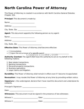 Power of Attorney Document for North Carolina State