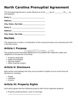 Prenuptial Agreement Document for North Carolina State
