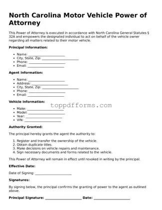 Motor Vehicle Power of Attorney Document for North Carolina State