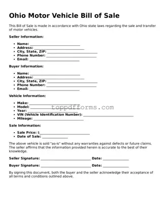 Motor Vehicle Bill of Sale Document for Ohio State
