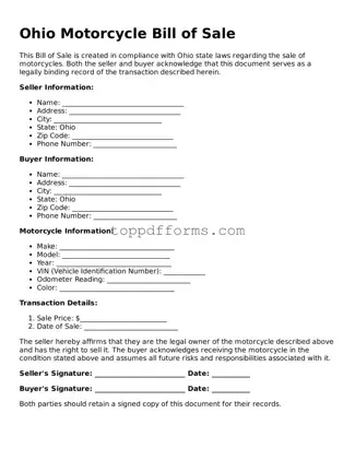 Motorcycle Bill of Sale Document for Ohio State