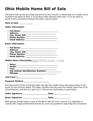 Mobile Home Bill of Sale Document for Ohio State