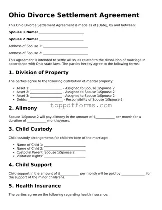 Divorce Settlement Agreement Document for Ohio State