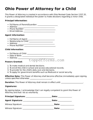 Power of Attorney for a Child Document for Ohio State