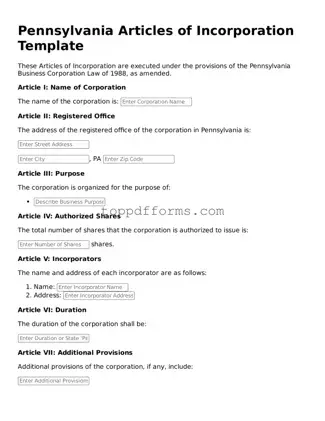 Articles of Incorporation Document for Pennsylvania State