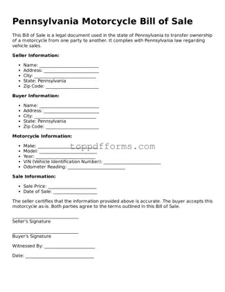Motorcycle Bill of Sale Document for Pennsylvania State