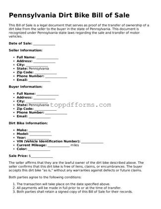 Dirt Bike Bill of Sale Document for Pennsylvania State