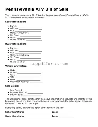 ATV Bill of Sale Document for Pennsylvania State