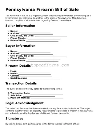 Firearm Bill of Sale Document for Pennsylvania State