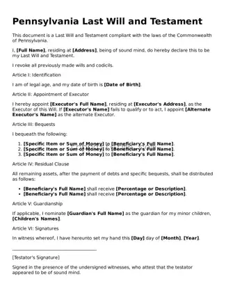 Last Will and Testament Document for Pennsylvania State