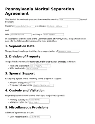 Marital Separation Agreement Document for Pennsylvania State