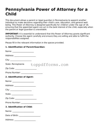 Power of Attorney for a Child Document for Pennsylvania State