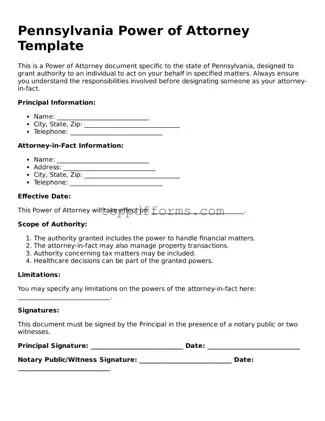 Power of Attorney Document for Pennsylvania State