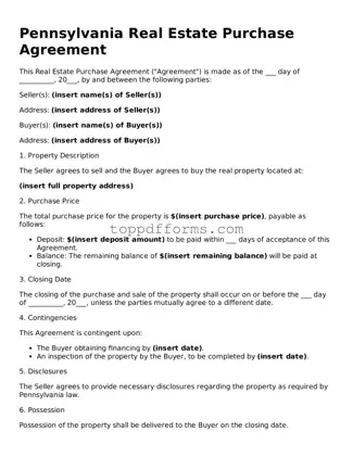 Real Estate Purchase Agreement Document for Pennsylvania State