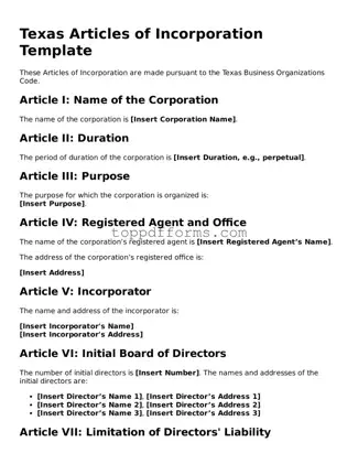 Articles of Incorporation Document for Texas State