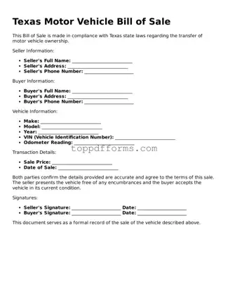 Motor Vehicle Bill of Sale Document for Texas State