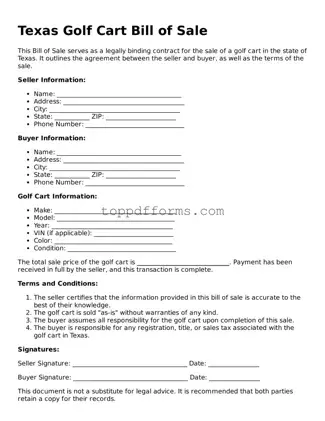 Golf Cart Bill of Sale Document for Texas State