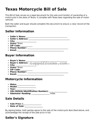 Motorcycle Bill of Sale Document for Texas State