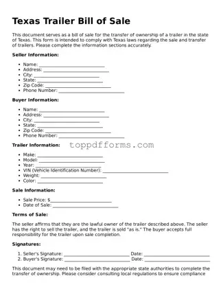 Trailer Bill of Sale Document for Texas State