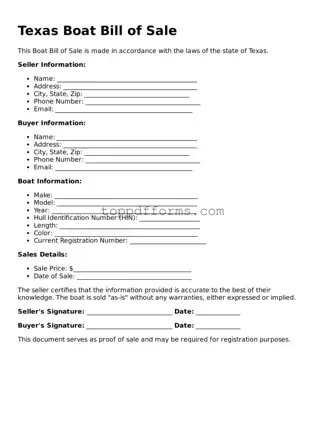 Boat Bill of Sale Document for Texas State