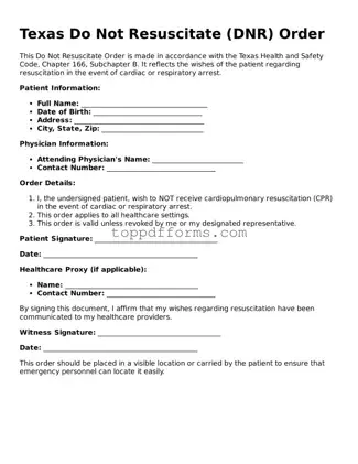 Do Not Resuscitate Order Document for Texas State