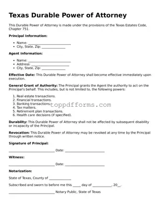 Durable Power of Attorney Document for Texas State