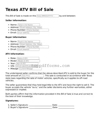ATV Bill of Sale Document for Texas State