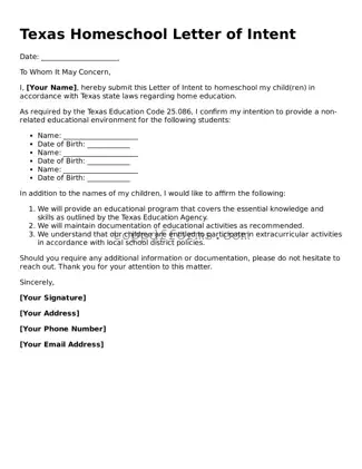 Homeschool Letter of Intent Document for Texas State