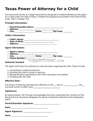Power of Attorney for a Child Document for Texas State