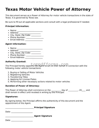 Motor Vehicle Power of Attorney Document for Texas State