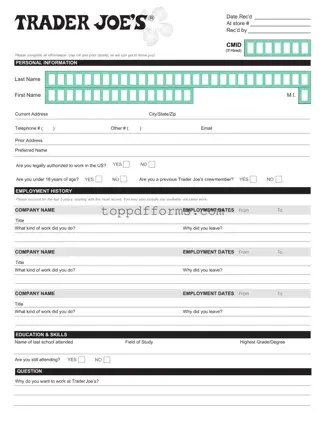 Free Trader Joe's application Form