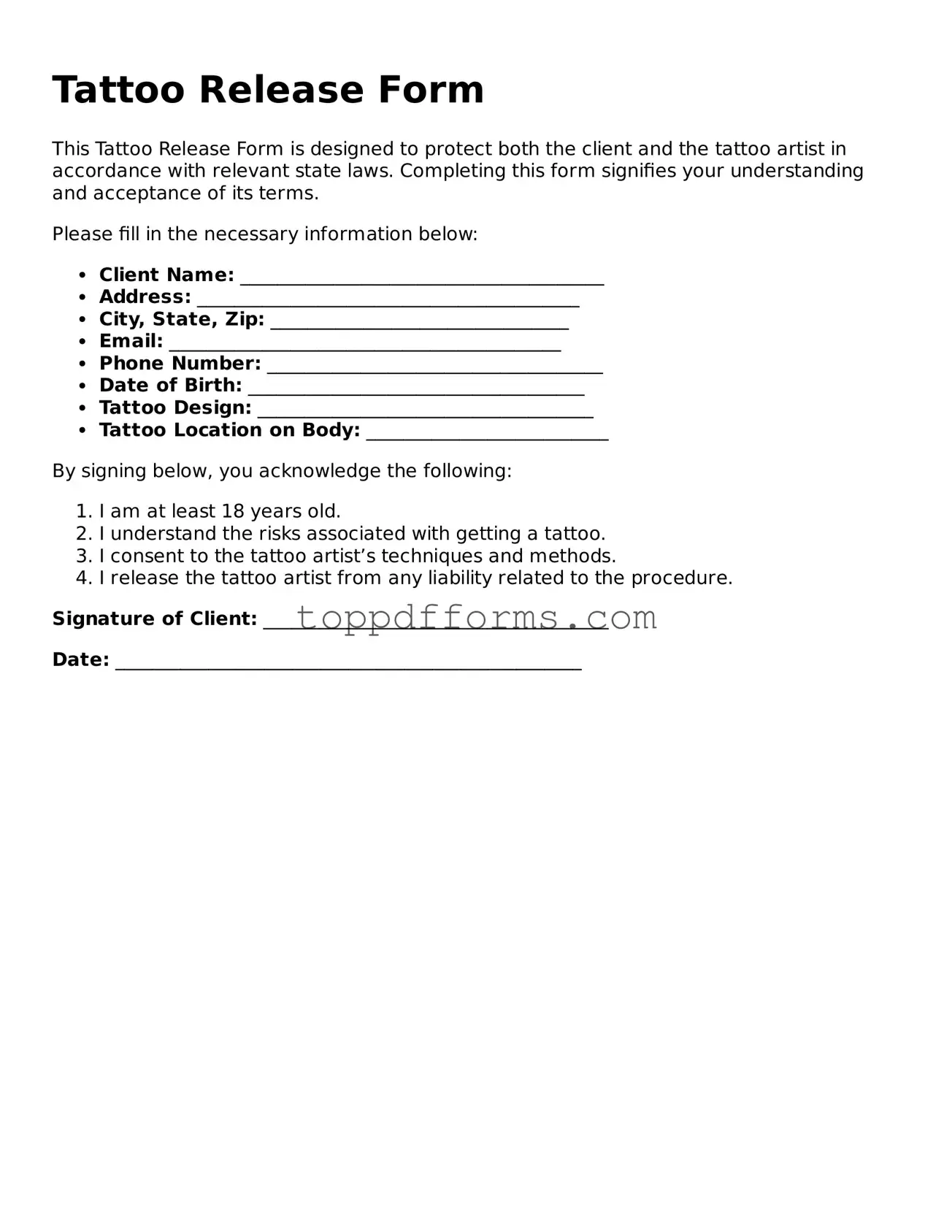 Free Tattoo Release Template