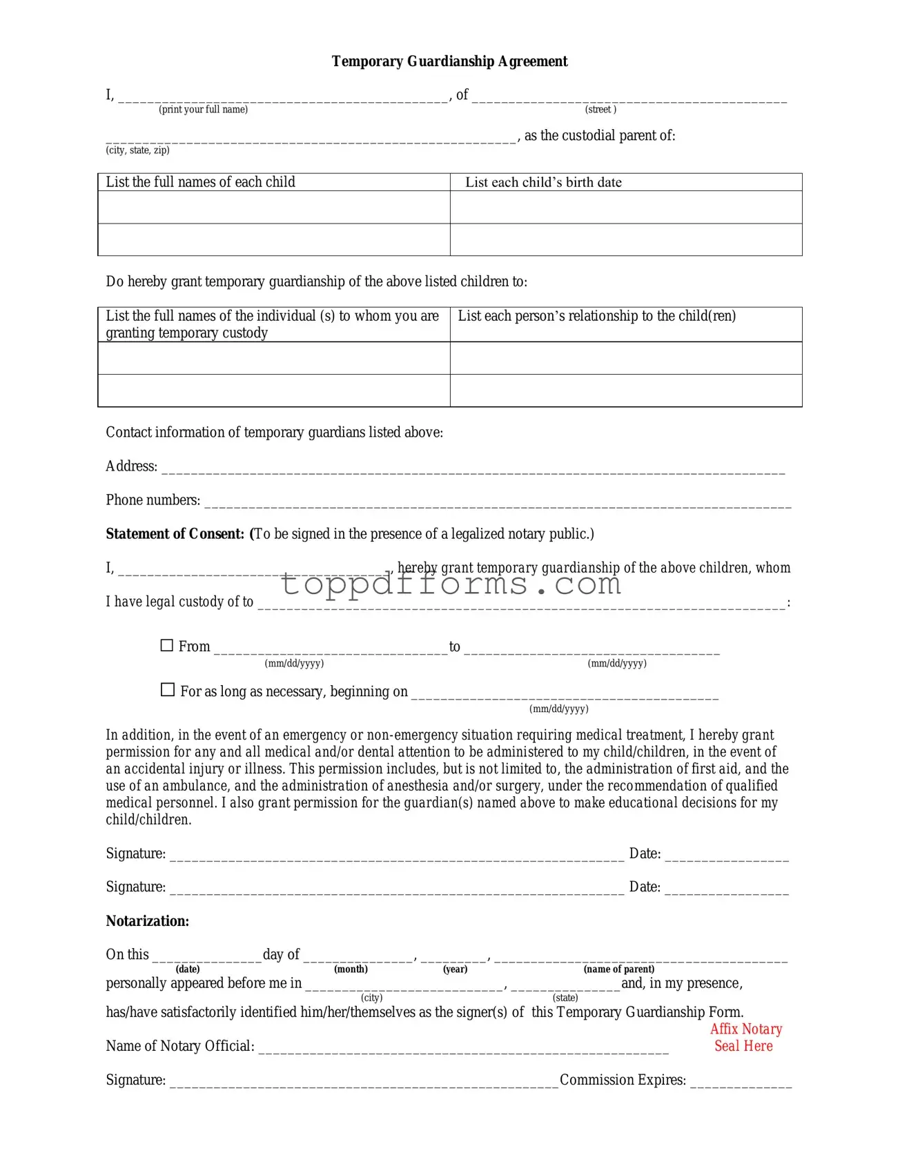 Free Temporary Custody Form