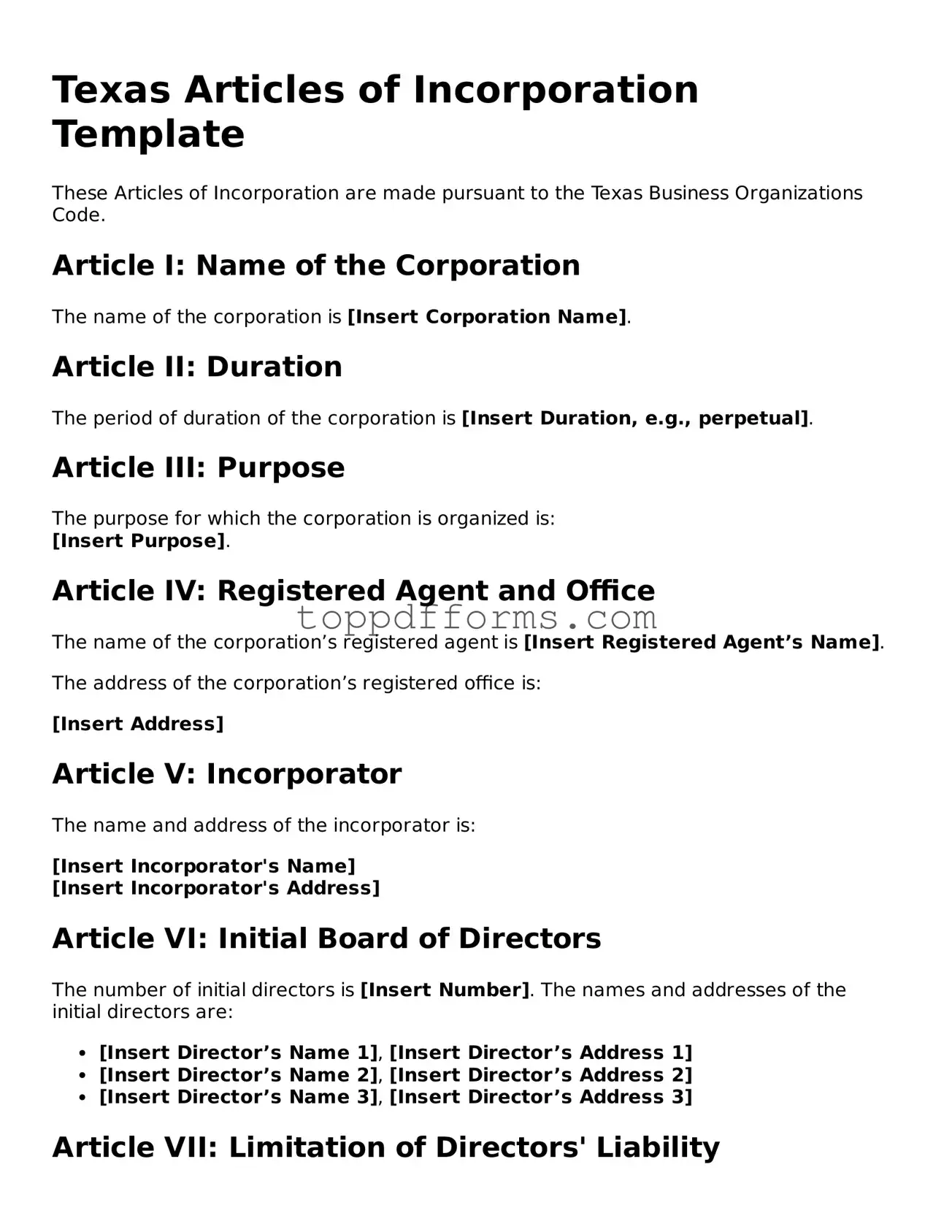 Articles of Incorporation Document for Texas State