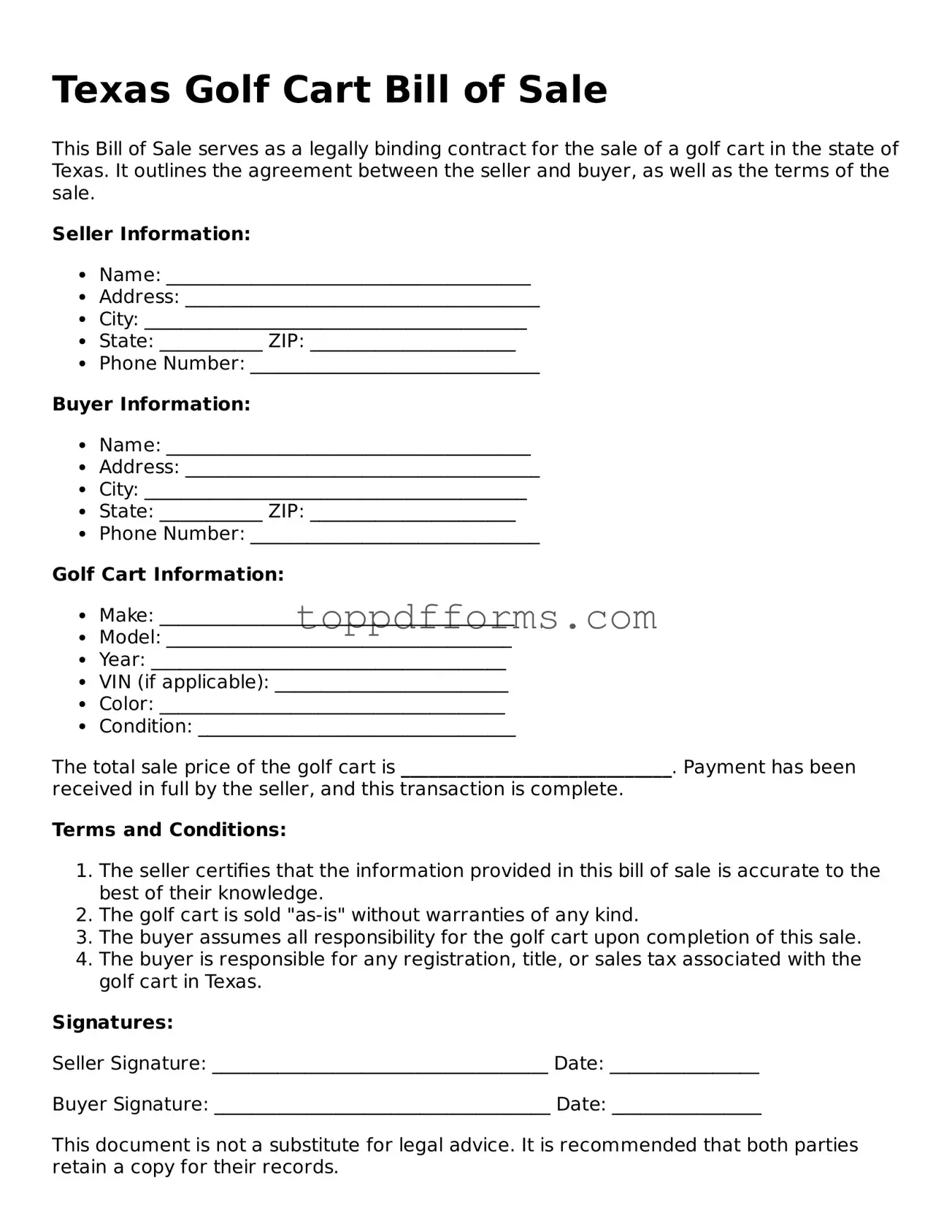 Golf Cart Bill of Sale Document for Texas State