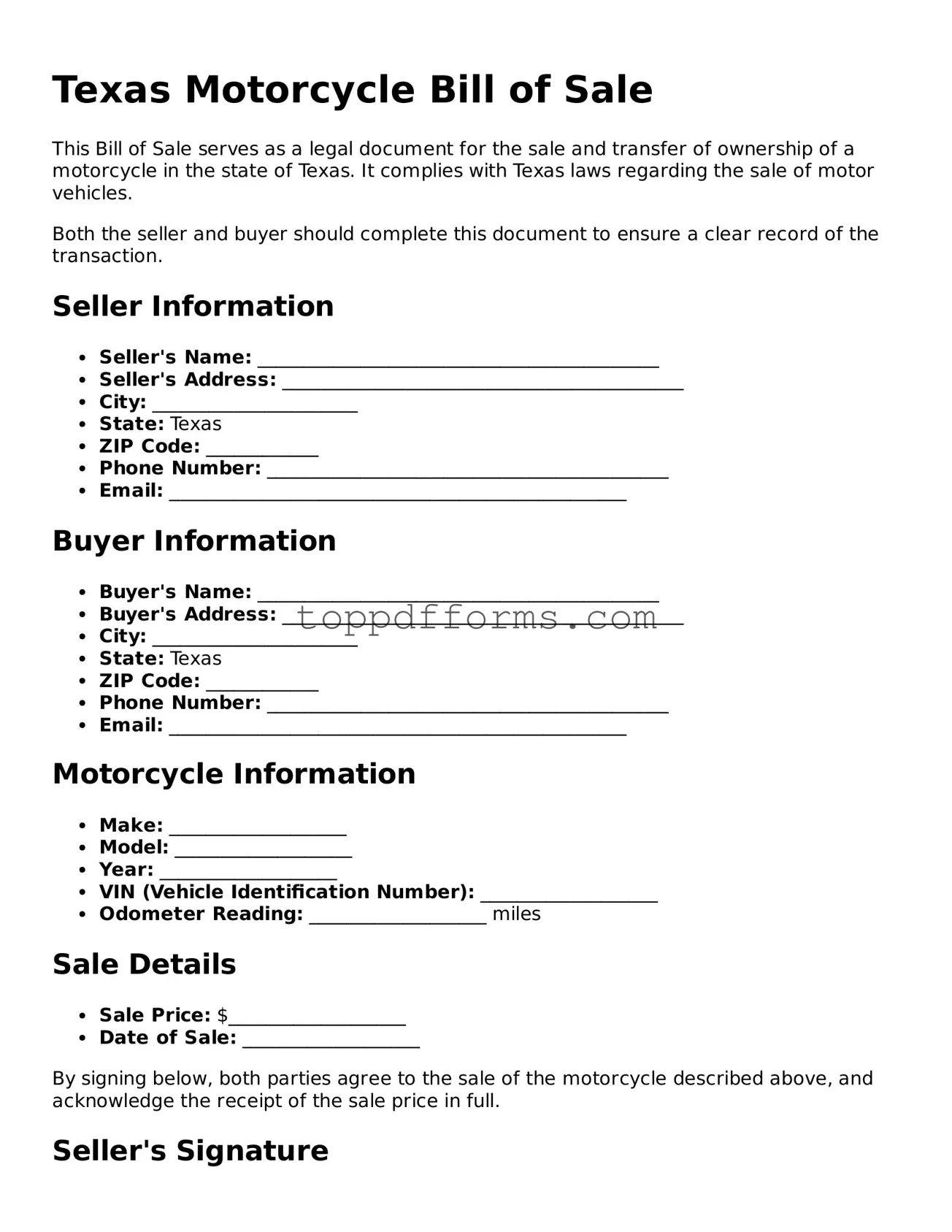 Motorcycle Bill of Sale Document for Texas State