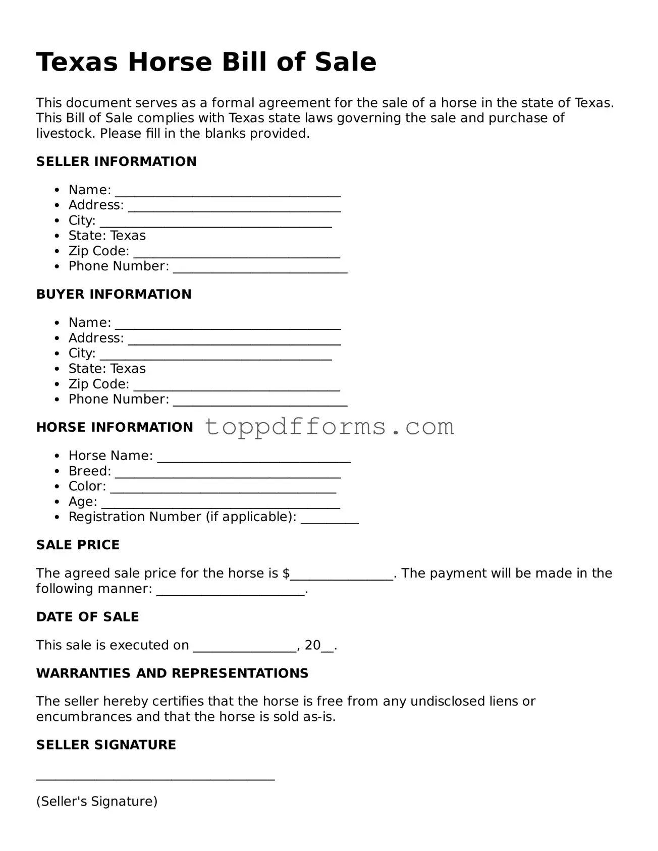 Horse Bill of Sale Document for Texas State