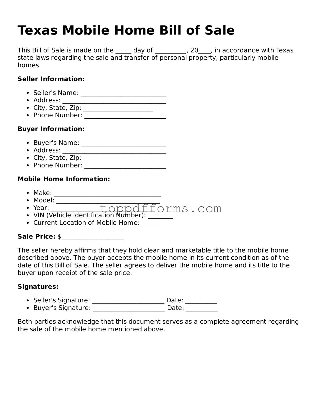 Mobile Home Bill of Sale Document for Texas State