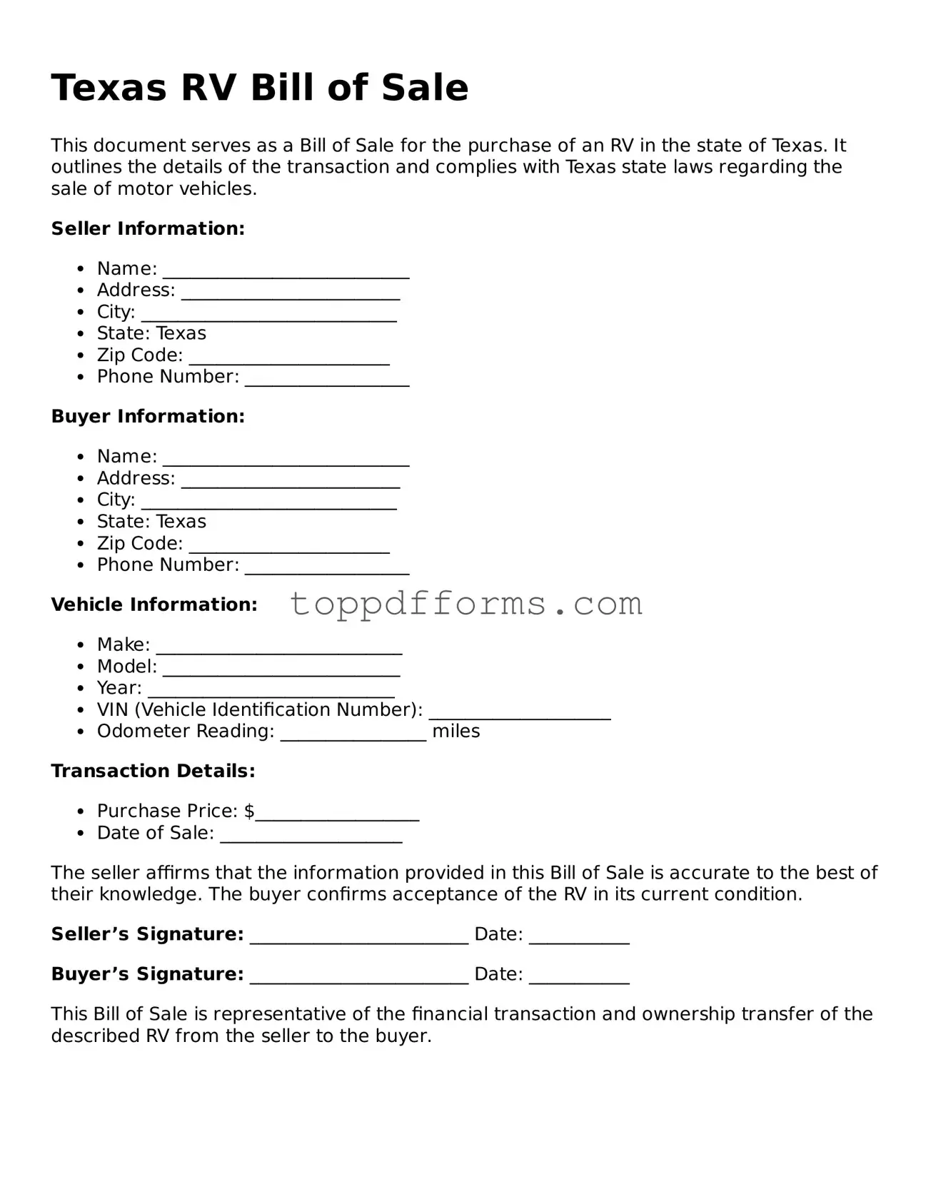 RV Bill of Sale Document for Texas State