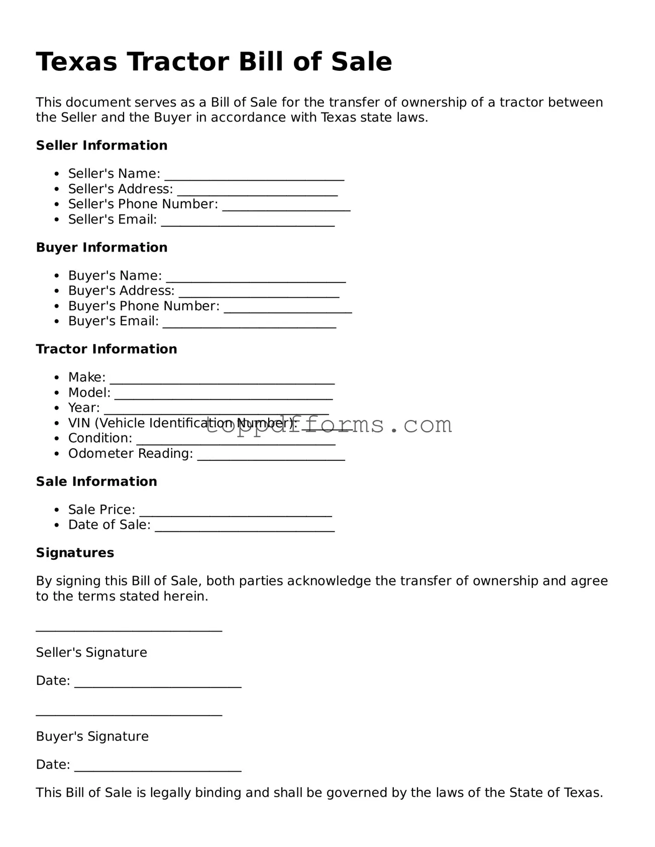 Tractor Bill of Sale Document for Texas State