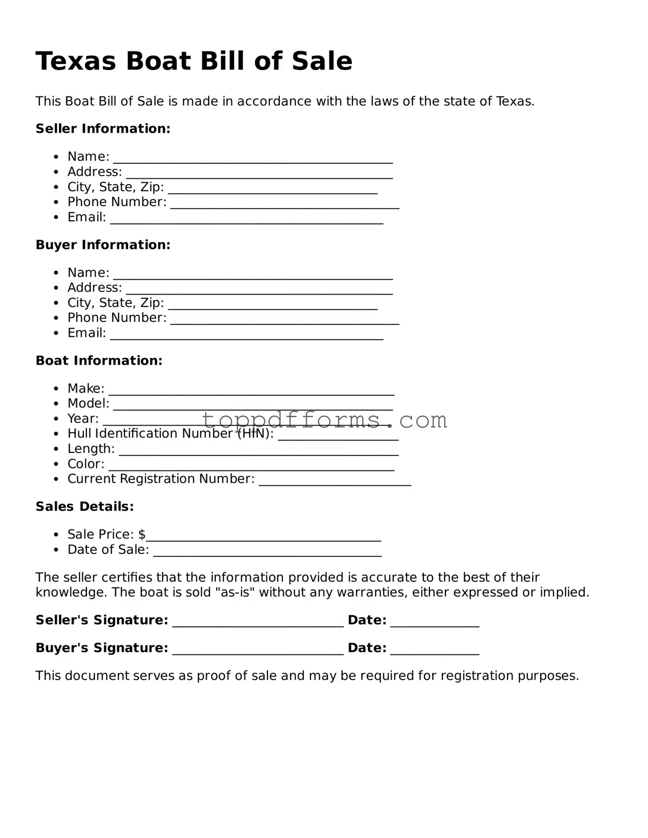 Boat Bill of Sale Document for Texas State