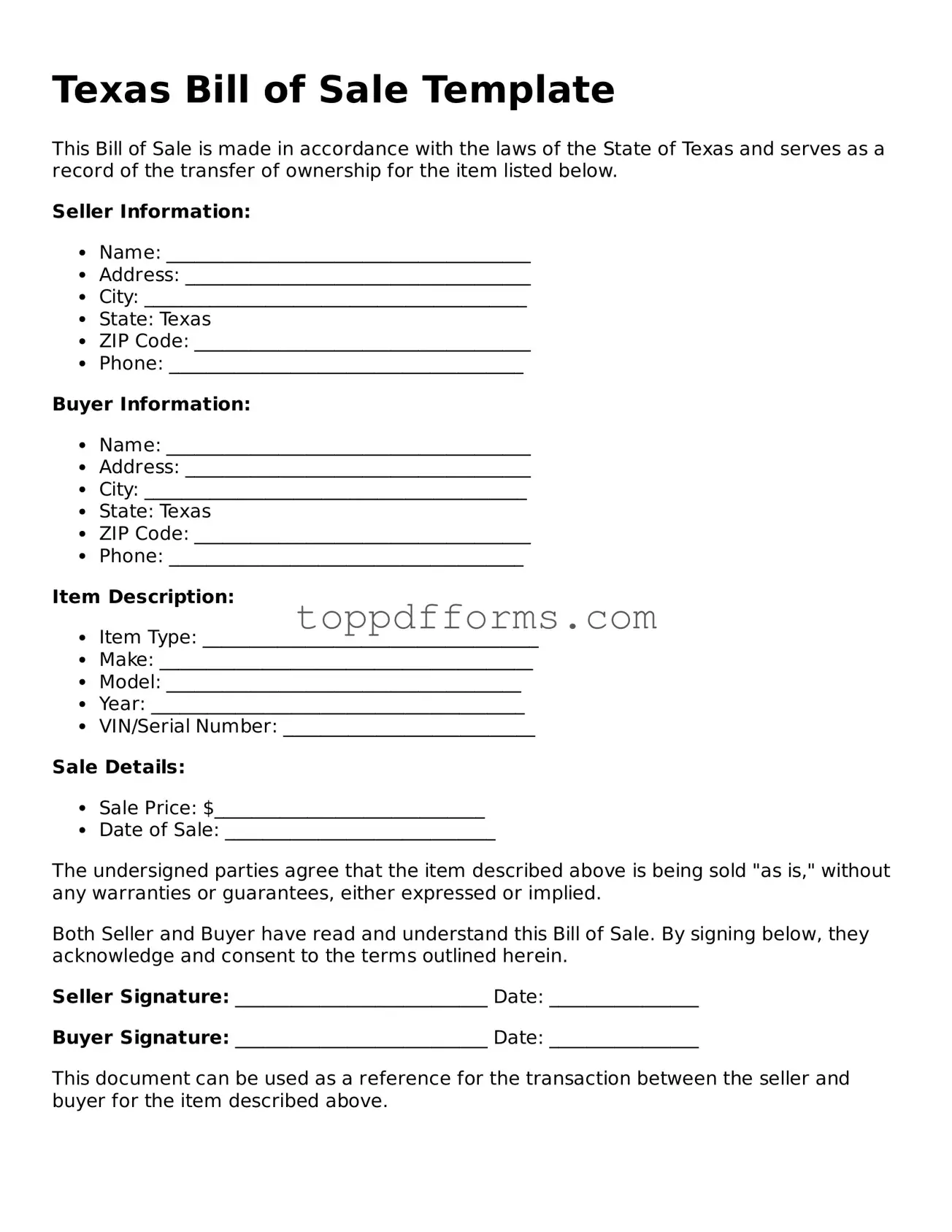 Bill of Sale Document for Texas State