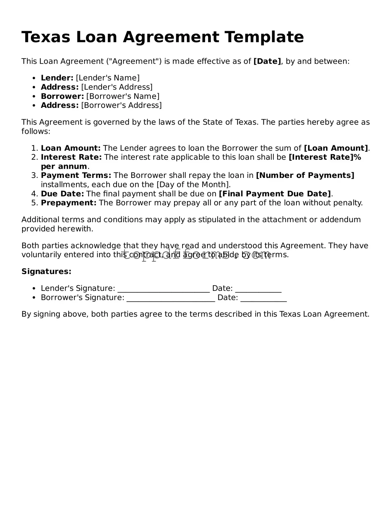 Loan Agreement Document for Texas State
