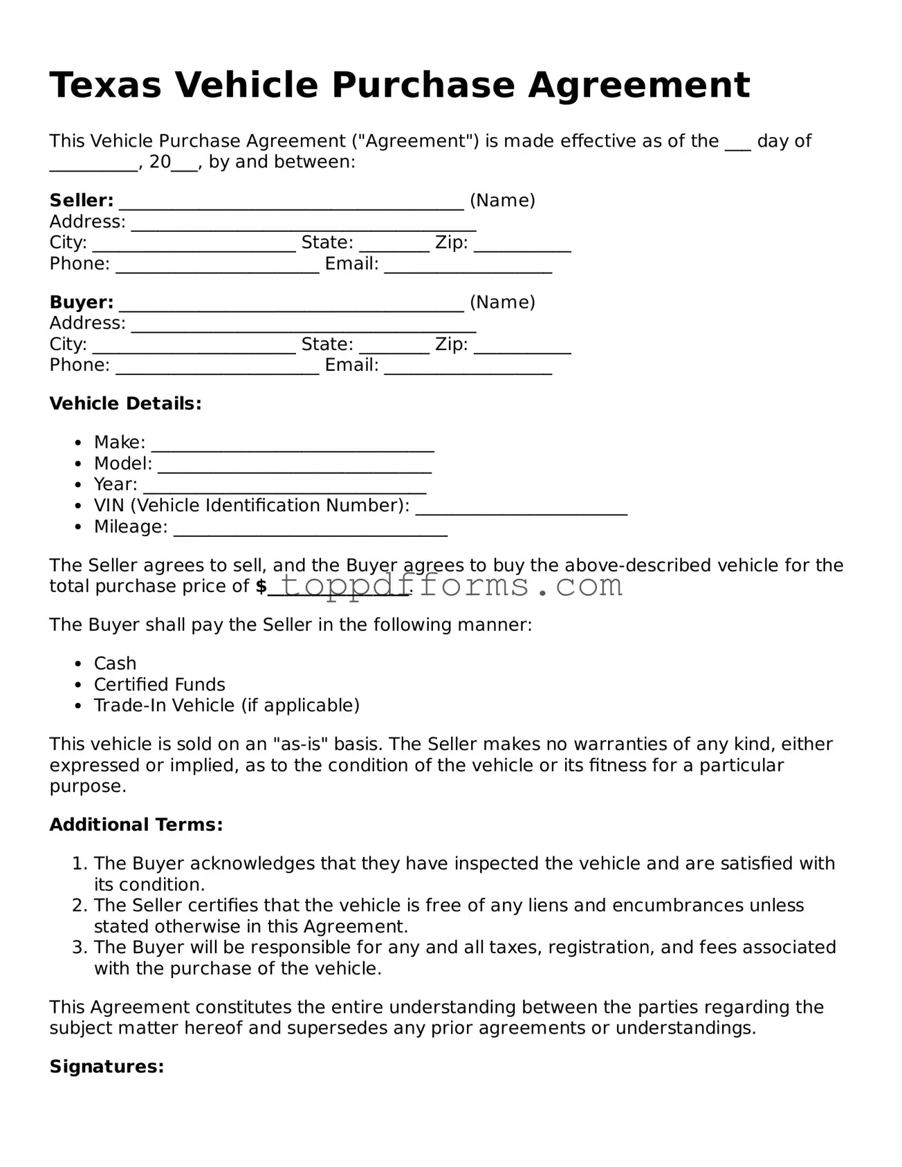 Vehicle Purchase Agreement Document for Texas State