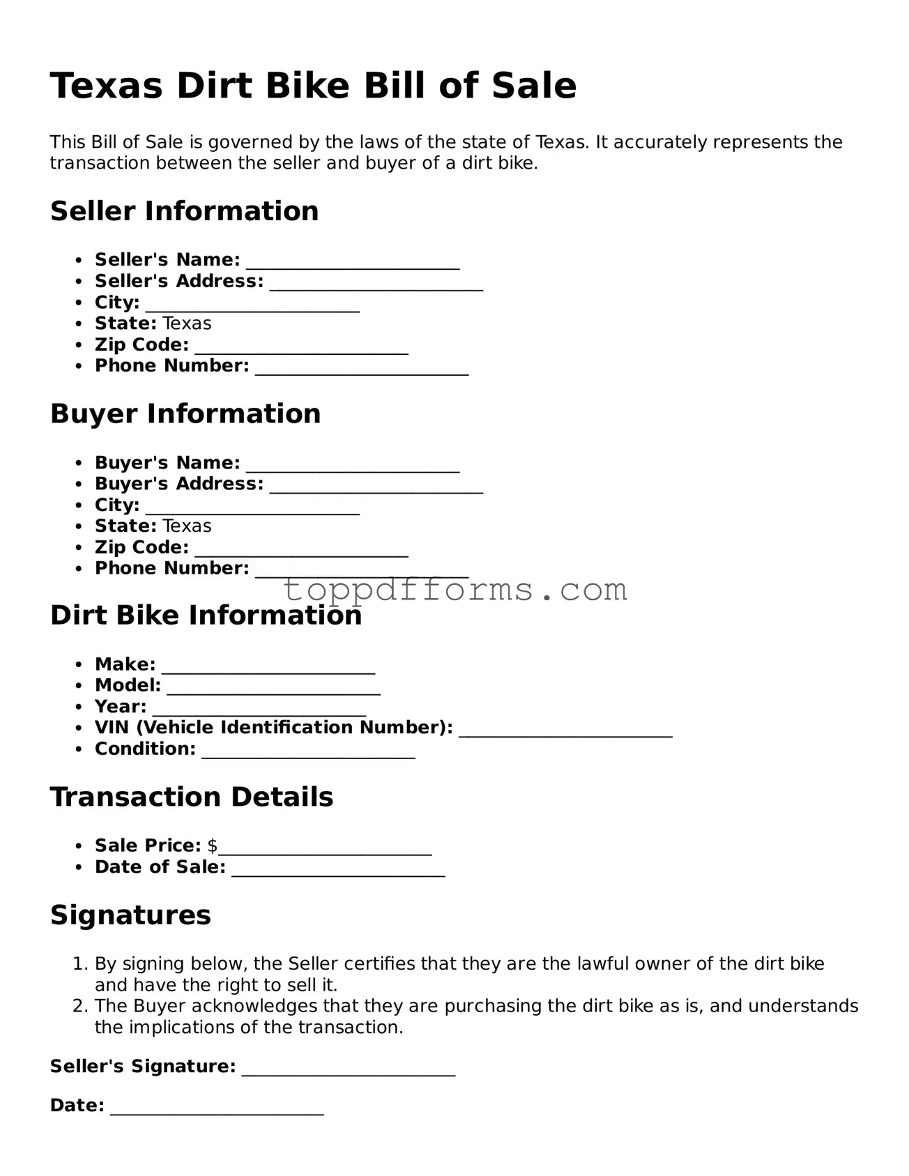 Dirt Bike Bill of Sale Document for Texas State