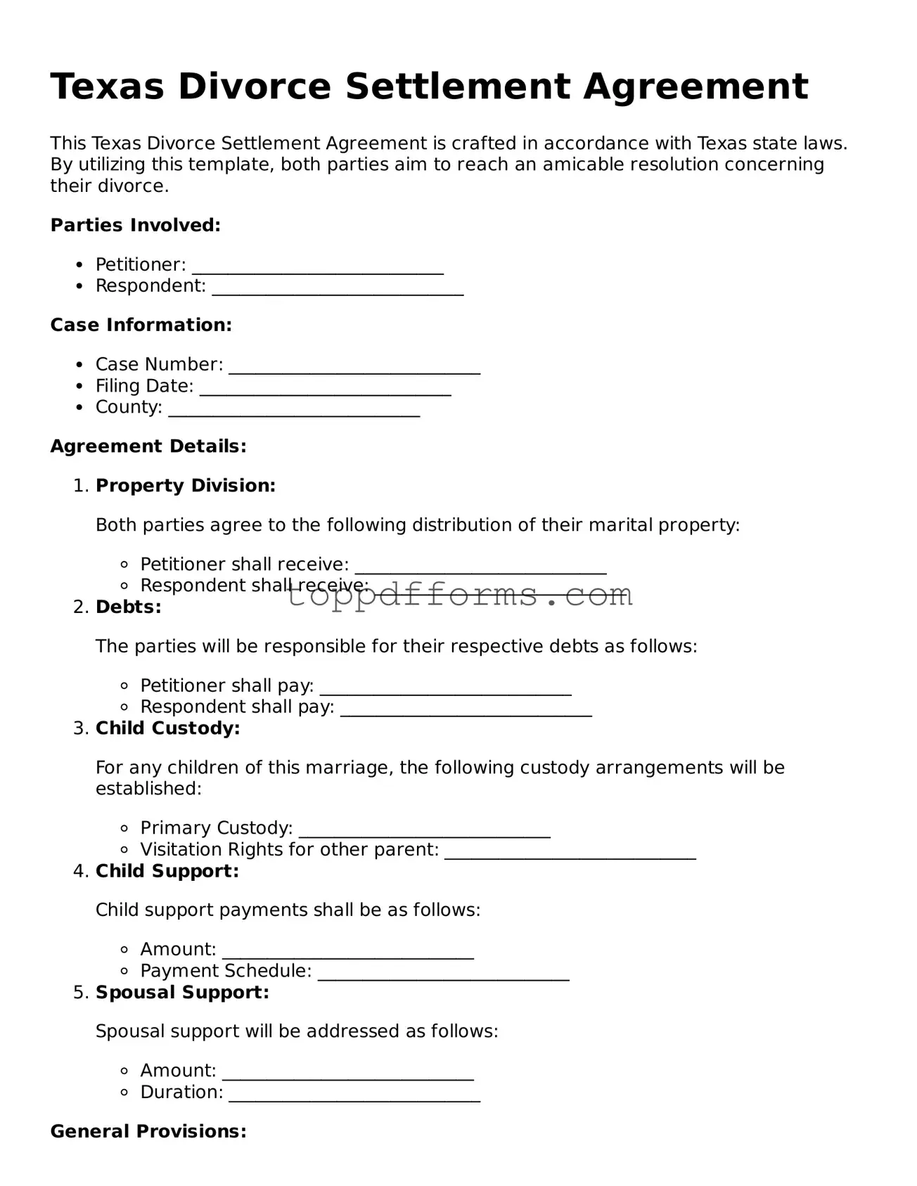 Divorce Settlement Agreement Document for Texas State
