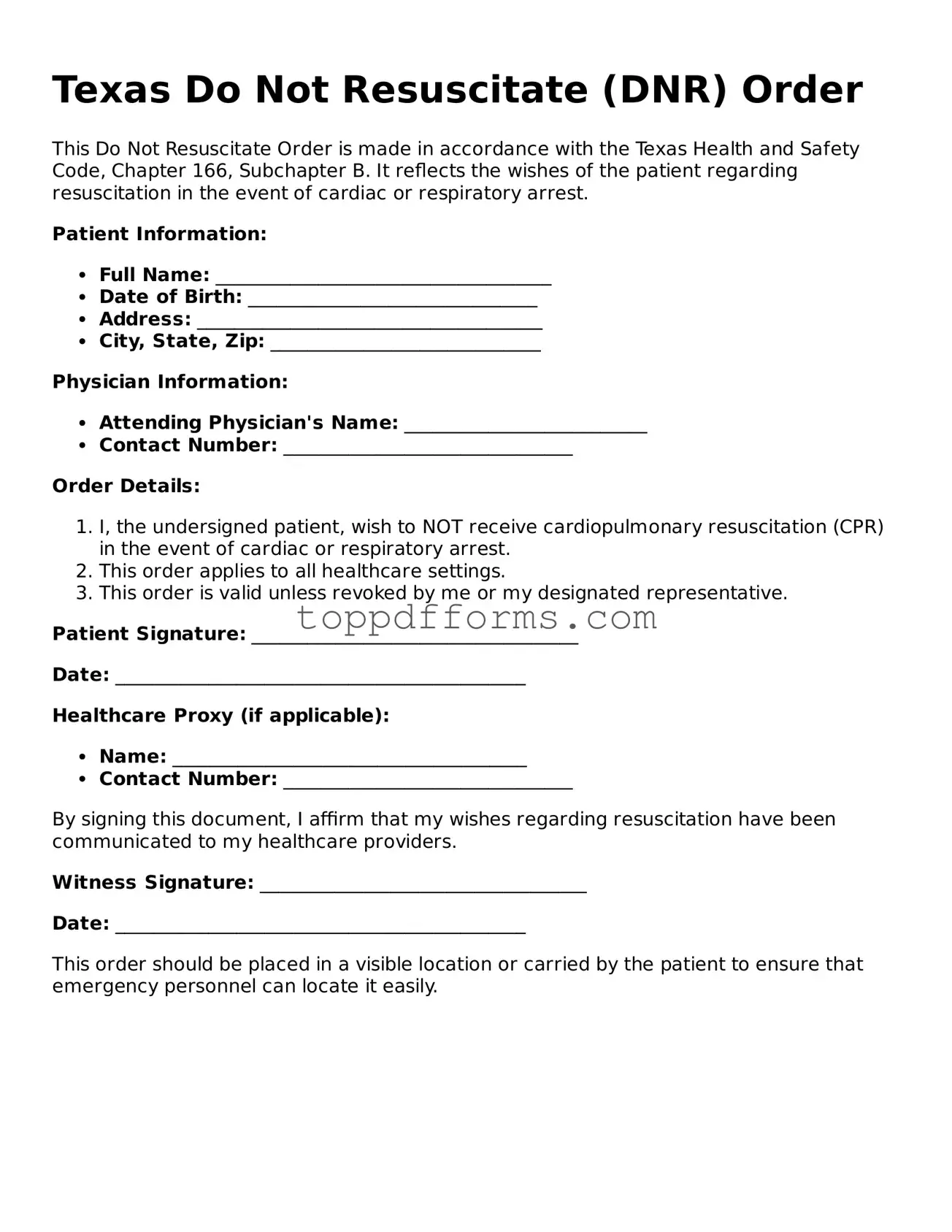 Do Not Resuscitate Order Document for Texas State